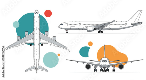 Technical outline drawings of a commercial airplane from different perspectives including top view, side view, and front view with colorful circles.