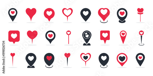 Set of Heart Shaped Location Pin Love Themed Vector Illustrations for Maps and Navigation Design