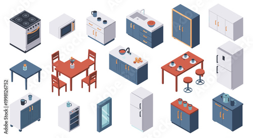 Large collection of isometric kitchen furniture and appliances including cabinets, tables, chairs, stove, refrigerator, and microwave for design.