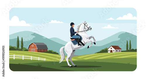 Professional rider in equestrian gear performing a show jumping move with a white horse in a beautiful rural landscape with hills and farm buildings.