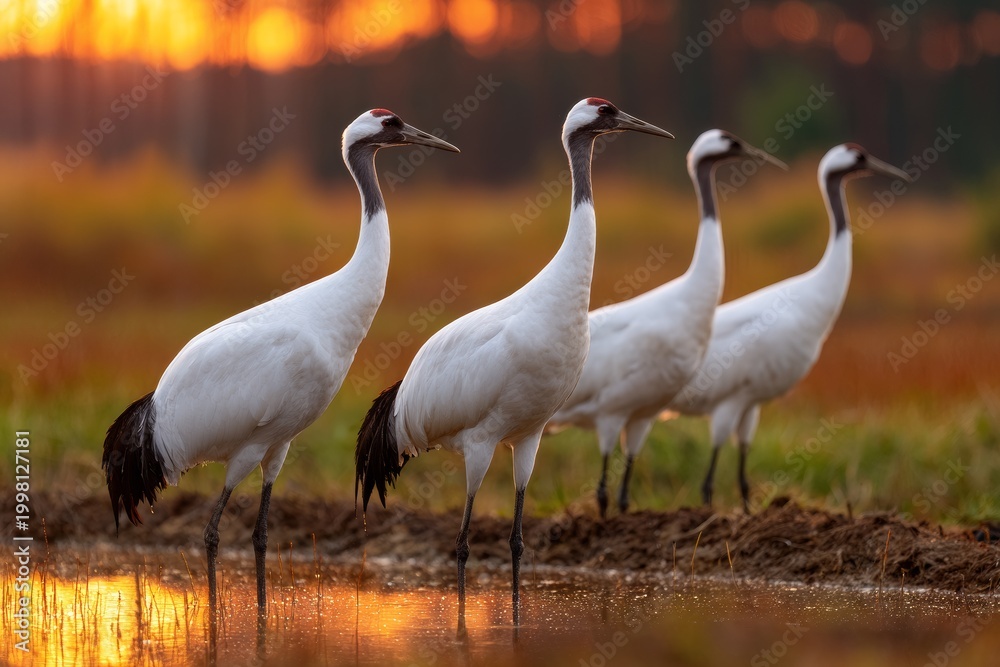 Naklejka premium Storks stand tall against a glowing sunset in Poland