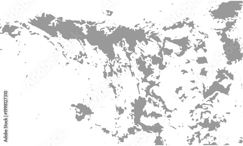 Gray grunge texture overlay with rough distressed paint splatter and irregular shapes isolated on white background for design use