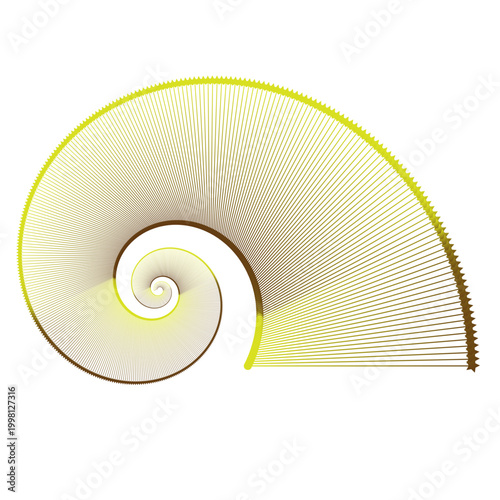 Abstract geometric spiral design with radiating lines, featuring a vibrant yellow-green to brown color gradient and a unique jagged outer edge.
