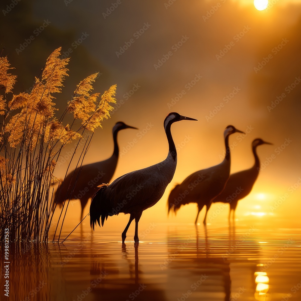 Obraz premium Graceful cranes wading in golden morning mist