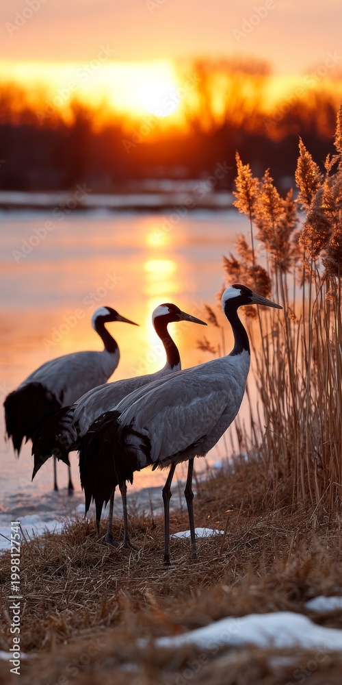 Fototapeta premium Cranes grace the tranquil lake at sunset in serene harmony