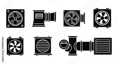 Air ventilation system icons set black silhouette on white background