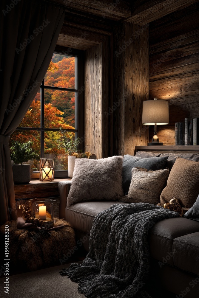 Fototapeta premium Cozy autumn retreat with a warm glow by the window