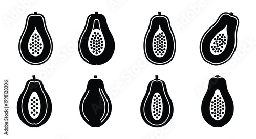 Papaya silhouettes vector set of tropical fruit halves