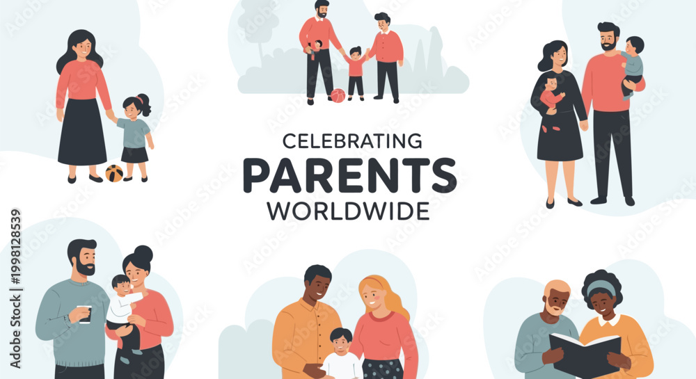 Naklejka premium Celebrating parents worldwide with family and children in a joyful community setting.