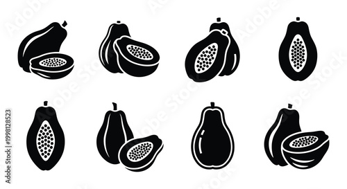 Papaya silhouettes vector set of tropical fruit halves