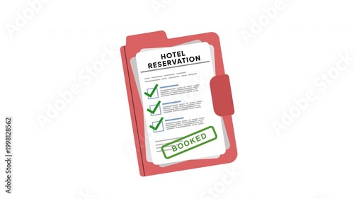 Animation of a Hotel Reservation Document Sheet with Booked Stamp Effect for Travel Booking Confirmation and Hospitality Management