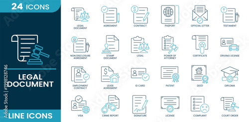 Legal document icon set. Documentation, contract, agreement, passport, certificate, license, legal, ID card, official letter. Line vector icons.
