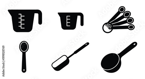 Black silhouette set of measuring cups and spoons on white background