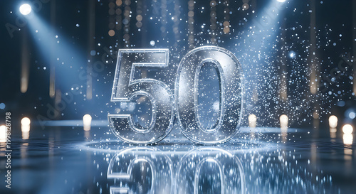 Shiny metallic number 50 standing on a reflective surface with sparkling lights and stage spotlights