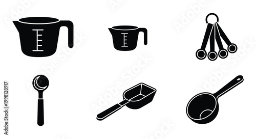 Black silhouette set of measuring cups and spoons on white background