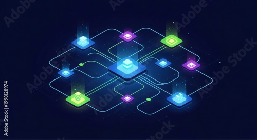 Network connections and data exchange visualized in glowing neon circuit board with nodes on dark background