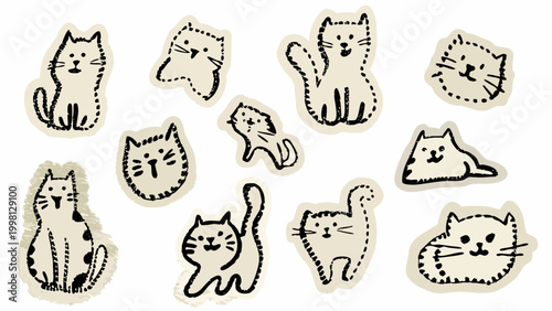 hand drawn cats collection whimsical sketch style on white background