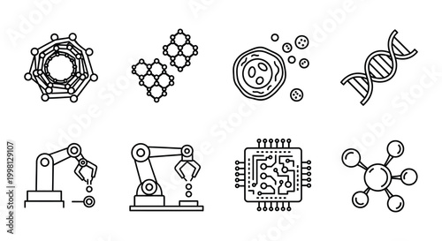 Flat vector icons set biology robotics and molecular structures