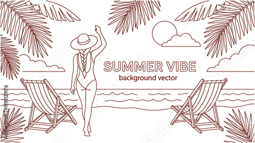 Summer vibe background with beach chairs and woman wearing sun hat.