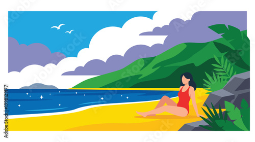 Woman in red swimsuit sunbathing on golden sand near green mountains.