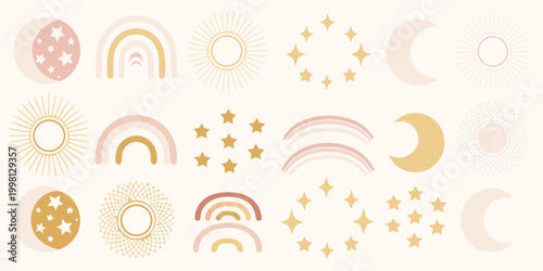 Celestial elements illustration with suns moons and stars on beige