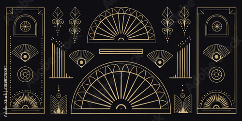 gold art deco frames and fan motifs on black background