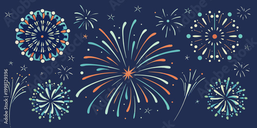 Festive firework bursts illustration in teal coral and white