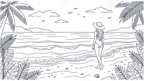 Line art illustration of woman walking on beach with tropical leaves.