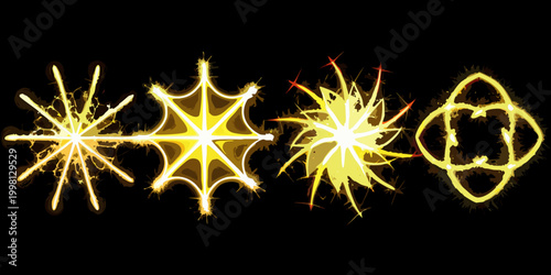 Four dynamic sparkler light trails on black background
