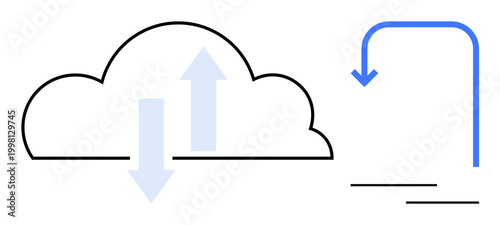 Cloud services, data synchronization, file sharing, online storage, upload download, connectivity. Outline of a cloud with arrows and a file download icon. Cloud services and data synchronization