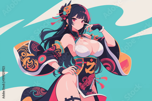 Sexy Busty Anime Girl Vector Illustration Creative Design Template 