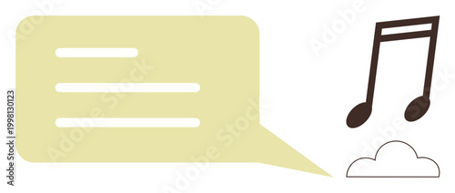 Music sharing, audio streaming, cloud storage, communication, sound design, online collaboration. Speech bubble and music note next to a cloud icon. Music sharing and audio streaming concept