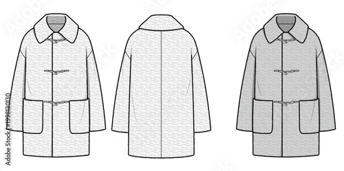 Women's Shearling Mustang Coat with Toggle Buttons, Oversized Faux Fur Teddy Jacket Fashion Flat Sketch, Technical Vector Illustration