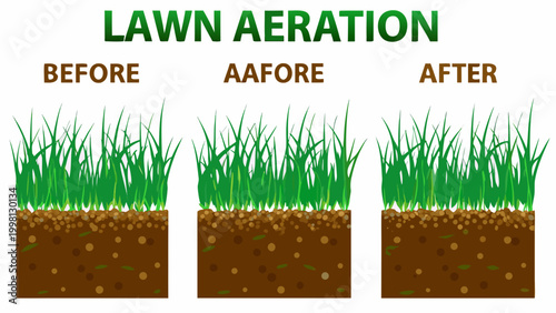 Lawn aeration illustration showing grass before and after treatment