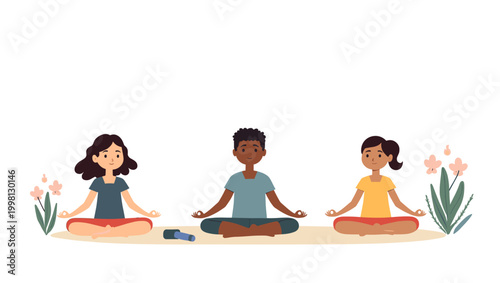 A serene illustration depicting a person in a meditative pose surrounded by delicate flowers. Ideal for wellness content, mindfulness apps, and promot