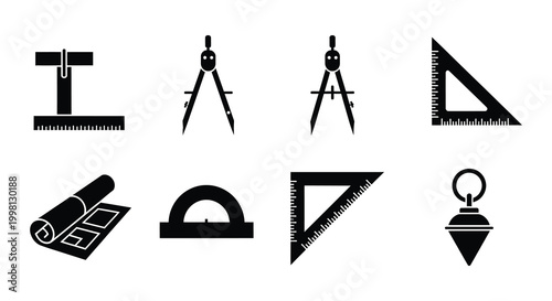 Drafting tools set black vector icons on white background