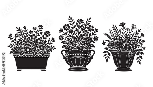 black and white silhouette set of Flower Tub very high quality vector illustration.