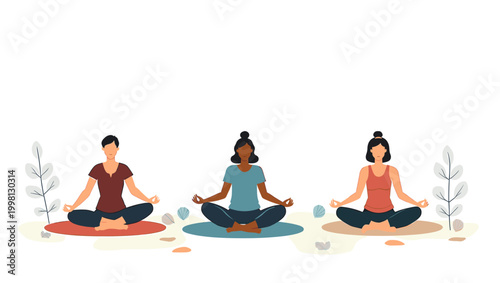 A serene illustration of a woman practicing mindfulness and meditation, ideal for representing wellness, calm, and inner peace. Use for health or life