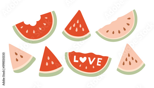 Vector set of red and pink watermelon slices with seeds and bite marks. Summer fruit collection in minimalist hand drawn style featuring heart shape and love text on white background