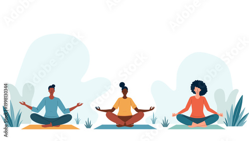 This serene illustration depicts a woman in a mindful pose, interacting with lush greenery. Ideal for concepts relating to wellness, environmental awa
