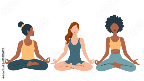 A serene illustration depicting a woman in a meditative pose. Ideal for wellness content, mindfulness apps, or promoting a calm and balanced lifestyle