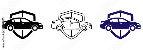 Car insurance concept with three different icons of a sedan protected by a shield insurance automobile