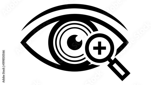 Eye with magnifying glass and plus symbol icon black and white magnification optometrist ophthalmolog