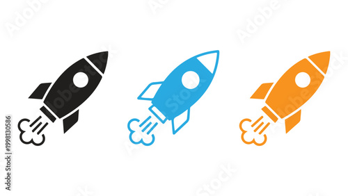 Three different colored rocket icons launching with stylized smoke trails on a white background, movement