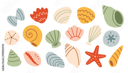 Vector set of colorful seashells and starfish in flat hand drawn style. Ocean beach collection with scallop, conch, and spiral shells. Minimalist summer elements for nautical decor or patterns