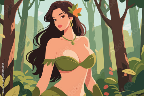 Vector Beautiful Woman In Natural Forest Illustration Creative Design Template 