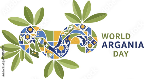 World Argania Day celebration banner, Moroccan mosaic pattern argan fruit vector, traditional zellige art with green leaves, cultural heritage illustration