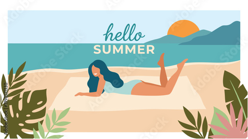 Woman lying on towel relaxing at beach during beautiful summer sunset time.