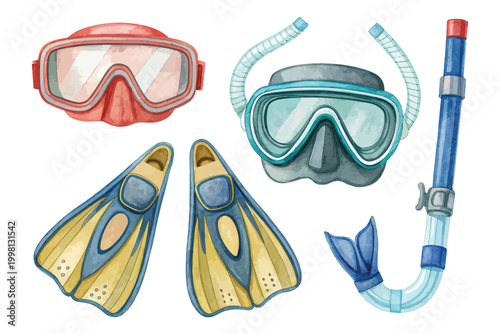 Watercolor Snorkel Mask Icon, Diving Gear Clipart, Isolated on White background