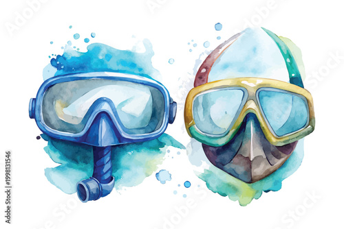 Watercolor Snorkel Mask Icon, Diving Gear Clipart, vector illustration Isolated on White background